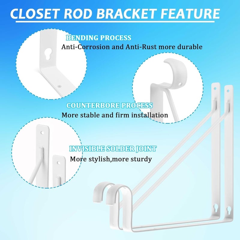 APOCHON 4 Pack Heavy Duty Closet Shelf Rod Brackets 11x11 Inch, 300lbs Wall Mount Closet Shelves Bracket with Rod Shelving Support, Closet Pole Support Bracket with Fixed Hardware, White - Image 3